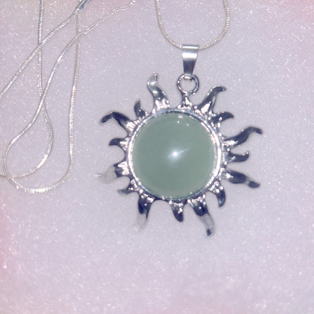 Boho hippie Jade Crystal Sun Sterling Silver Necklace 24”